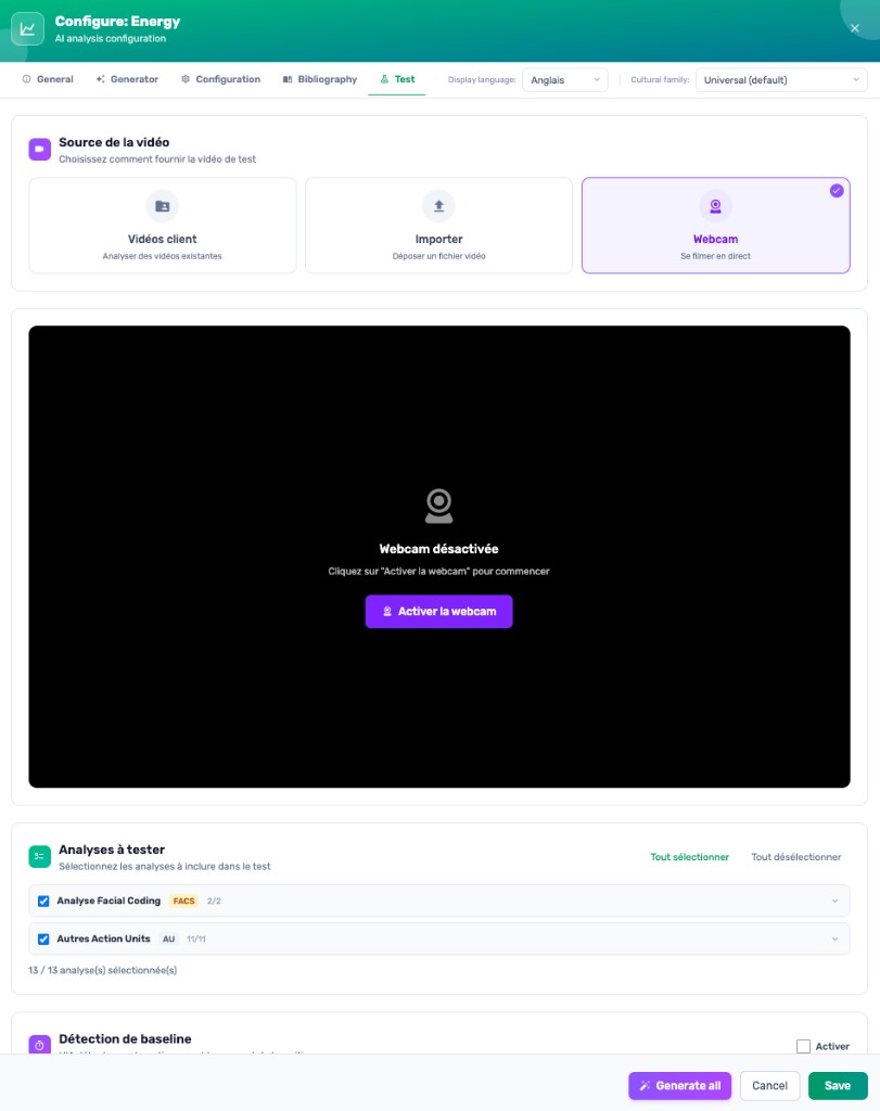 Interface de testing des mesures - Test webcam et analyses