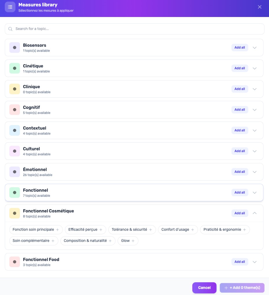 Interface de sélection des mesures