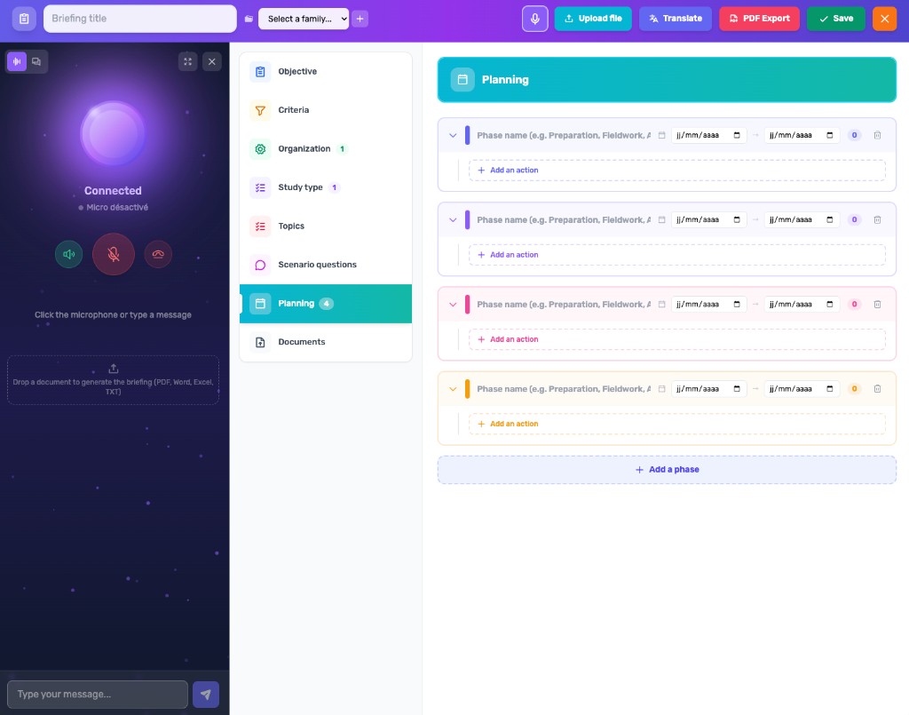 Interface de suivi et traçabilité du briefing