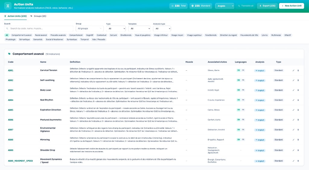 Interface de création de mesures - Action Units